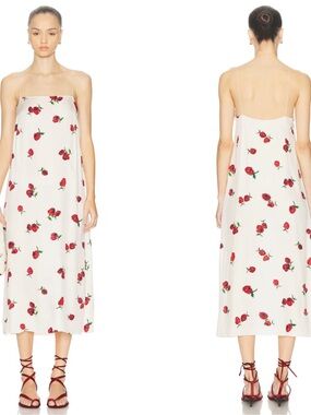KHAITE Cream Midi Slip Dress with Red Rose Print